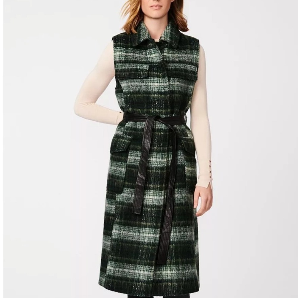 BERNARDO NWT $270 Women's Long Plaid Wool Vest Belted Sleeveless Coat‎ Green M